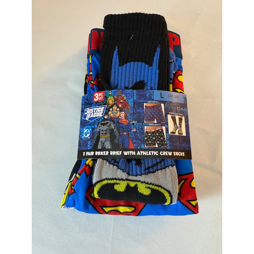 DC Comics Justice League 3 Pack Boxer Brief & 2 Crew Socks Mens Large NWT